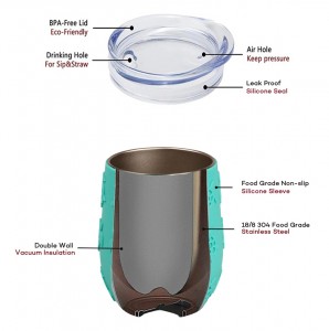 고품질 12온스 3D 바다 거북 엠보싱 실리콘 슬리브 스테인레스 스틸 와인 텀블러 컵