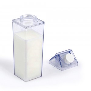 Sporttejkarton formájú doboz, átlátszó tejes karton vizespalack fedéllel kültéri iváshoz
